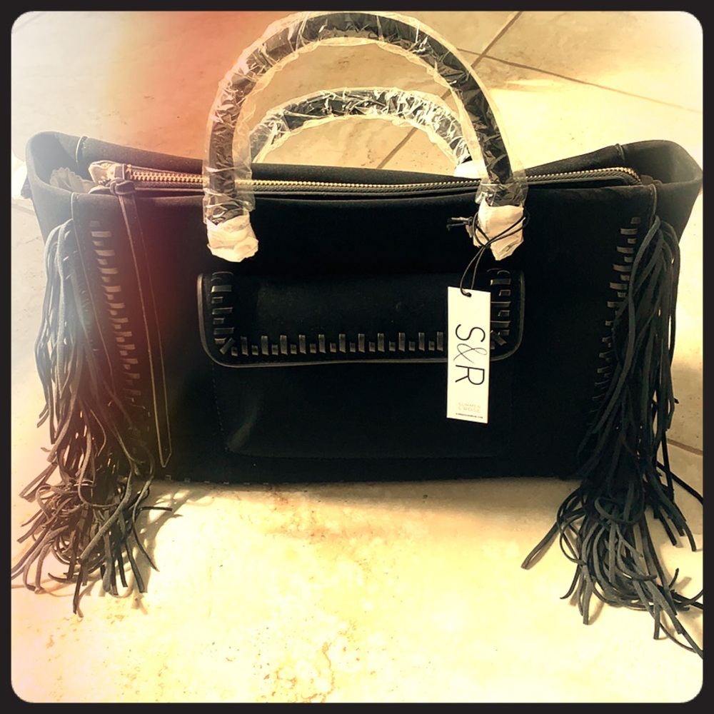 Black suede tote with fringe